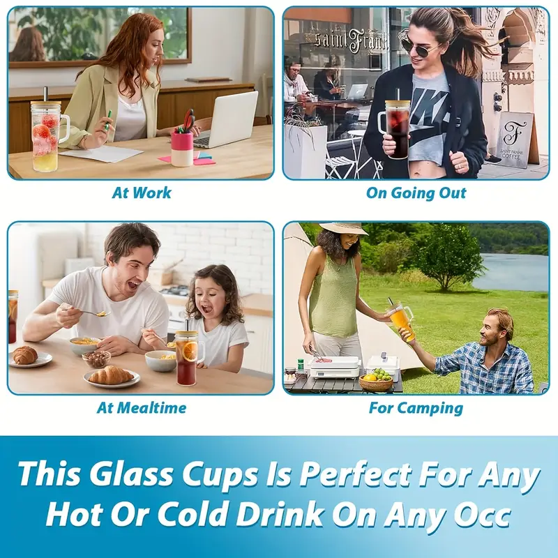 2 4pcs glass cup car cup handle glass cup large capacity water cup suitable for coffee milk tea drinks hot and cold convenient to carry Product details 4