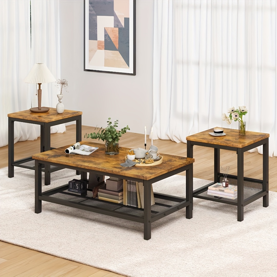 Living Room Table Set, 3pcs Modern Coffee Table with MDF Broad Tea Table & 2 End Side Tables, Space-Saving Coffee Table Set with Metal Frame for Living Room, Small Space, Apartment, Bed Room