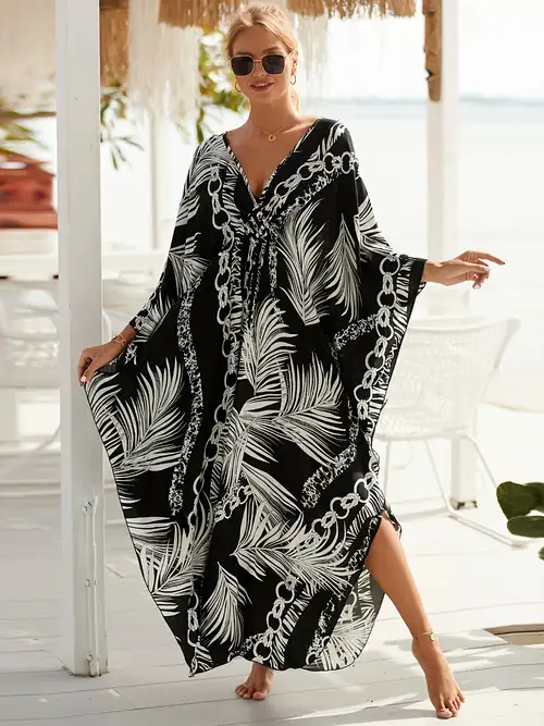 SHU-SHI Women's Long Kaftan Cover Up - Bohemian Mandala Maxi Dress With Sequins For Beach & Lounge