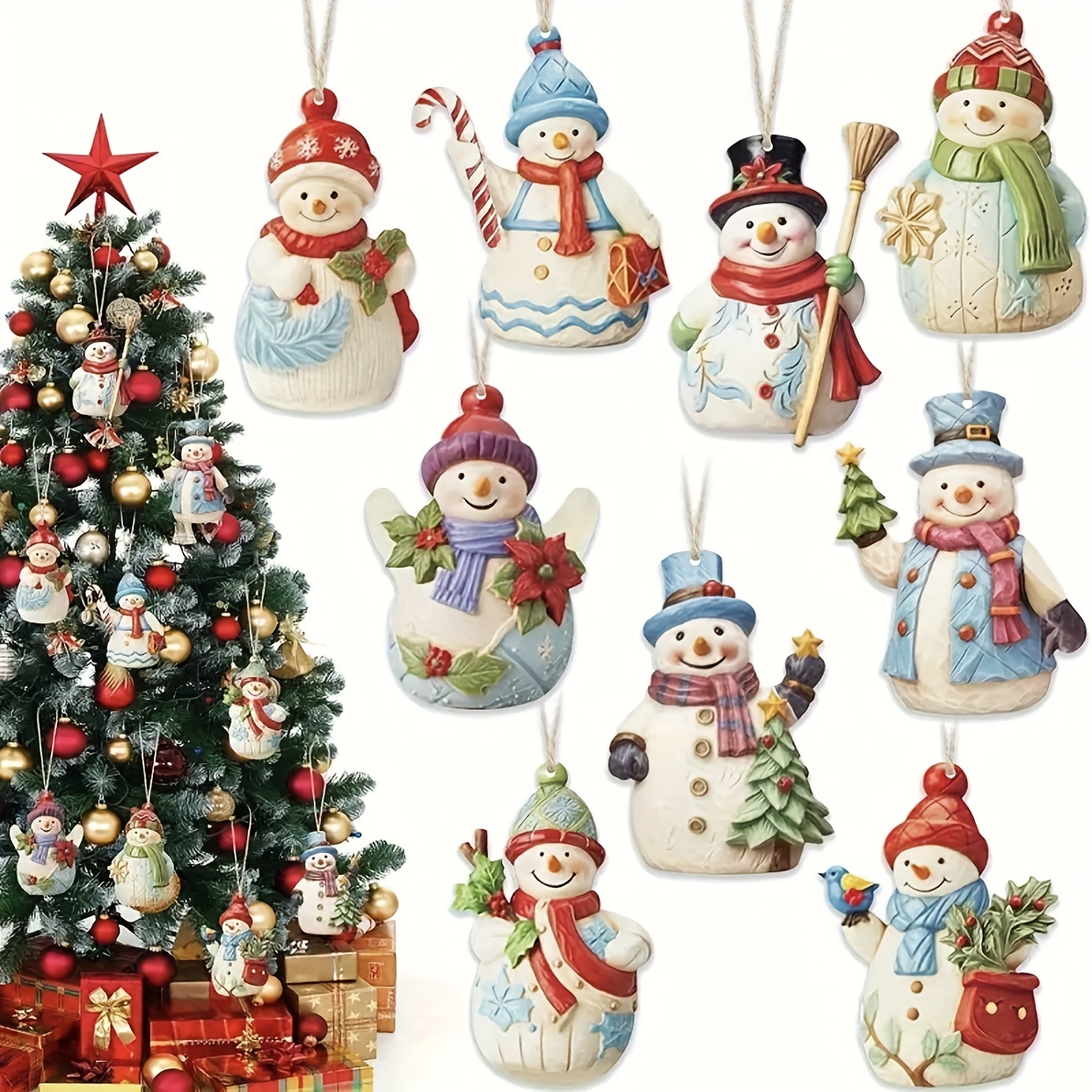 

18pcs Vintage Christmas Wooden Ornaments Set - Snowman & With Hanging Ropes, Ideal For & Party Decor