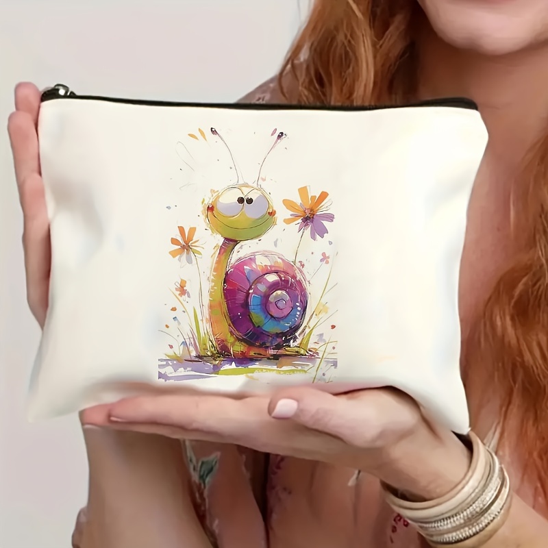 

Cute Snail Printed Cosmetic Bag - Polyester, Foldable, Large Capacity, Double-sided Positioning Print, , Zipper Pouch For Travel And Makeup Organization - Gift For Friends And Birthdays