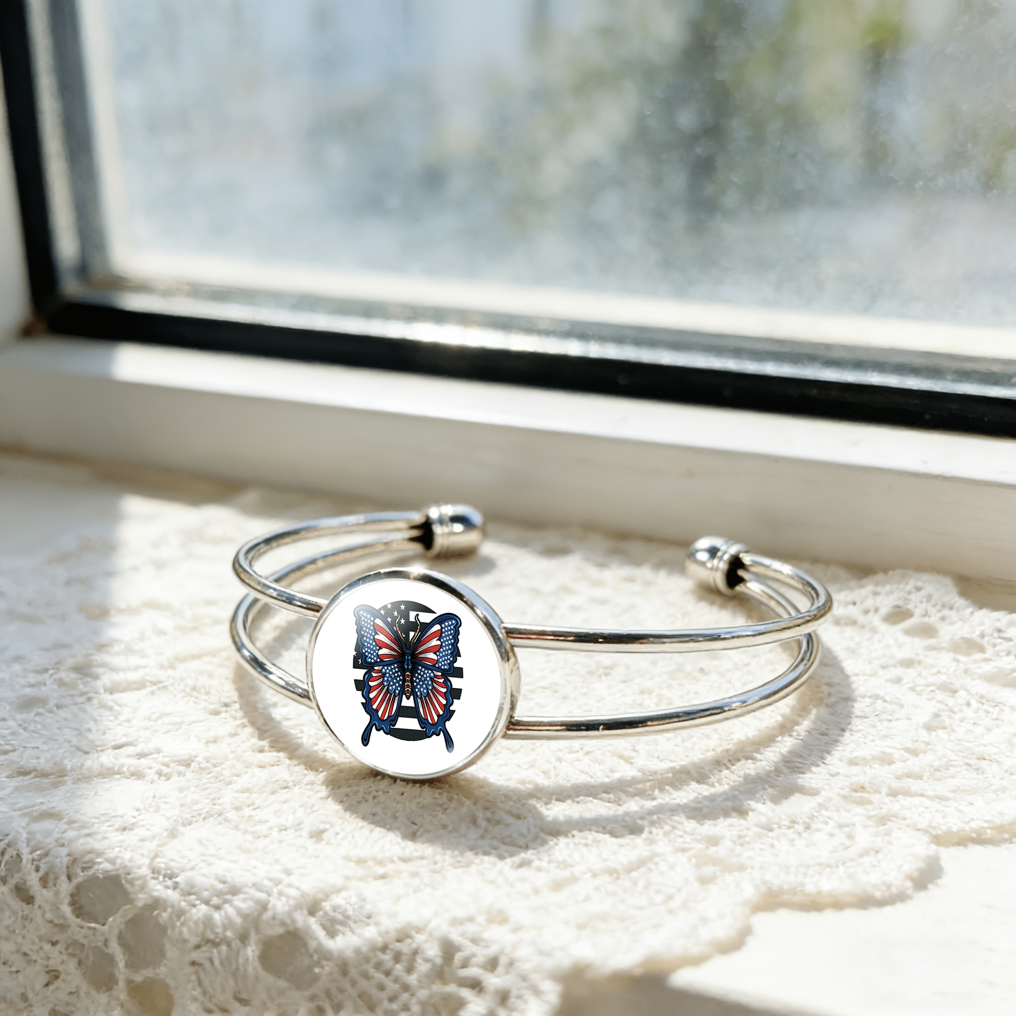 Adjustable Open Bangle with American Flag Pattern
