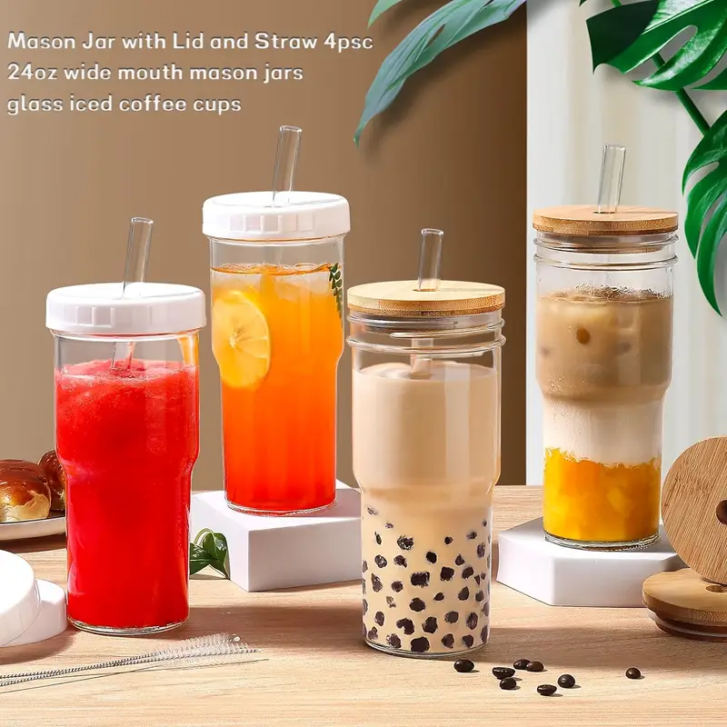 12pcs glasses 4 white lids 4 wooden lids 4 glasses mason jar mugs storage jars 24 oz smoothie glasses reusable iced coffee mugs boba mugs perfect christmas gift new years gifts Product details 0