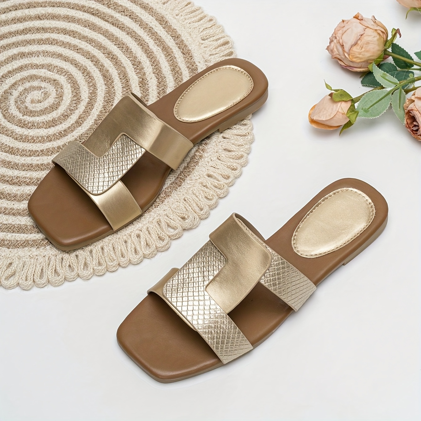Women's Slippers 2026 Summer New Square Toe Flat Sandals For Women, Fashionable Casual Outdoor One-strap Open-toe Soft Sole Beach Sandals, Women Shoes Elegant Women Shoes Shoes