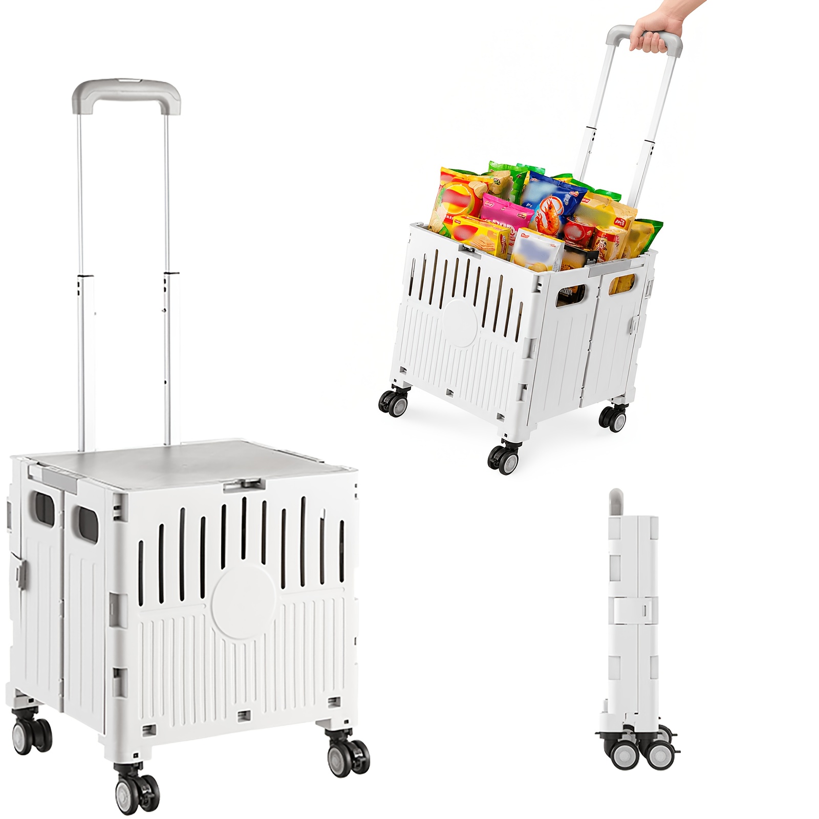 Folding Utility Cart With 4 Wheels, Gray Foldable Cart With Telescopic Handle, Collapsible Cart With Wheels, Foldable Rolling Cart For Shopping, Office, Grocery Storage
