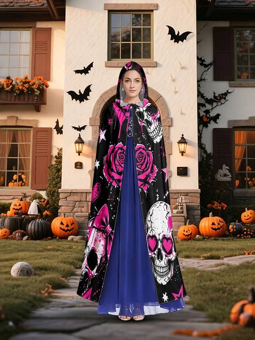 pelerină plată 2d - pachet 1 buc. - roz negru craniu inimă pelerină cu glugă la modă, pelerină cu glugă potrivită pentru cosplay, halloween, evenimente de carnaval și sărbători de crăciun. unisex, ideală pentru petreceri și măști de carnaval