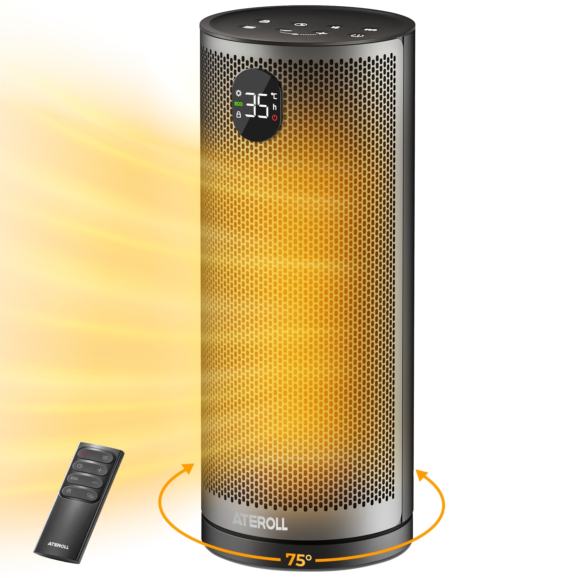 Image of Ateroll Space Heater With Remote Control, 16-inch 2000w Ptc Ceramic Heater With 75° , Portable Electric Heater Mode, And Tip-over Protection, Ideal For Bedrooms, Offices, And Rvs