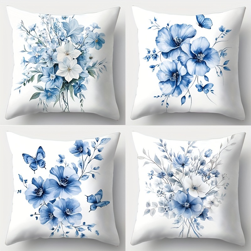 

Contemporary Blue Floral & Butterfly Print Throw Pillow Covers Set Of 4, Polyester, Zippered, Hand Wash Only, Woven Decorative Cushion Cases For Living Room