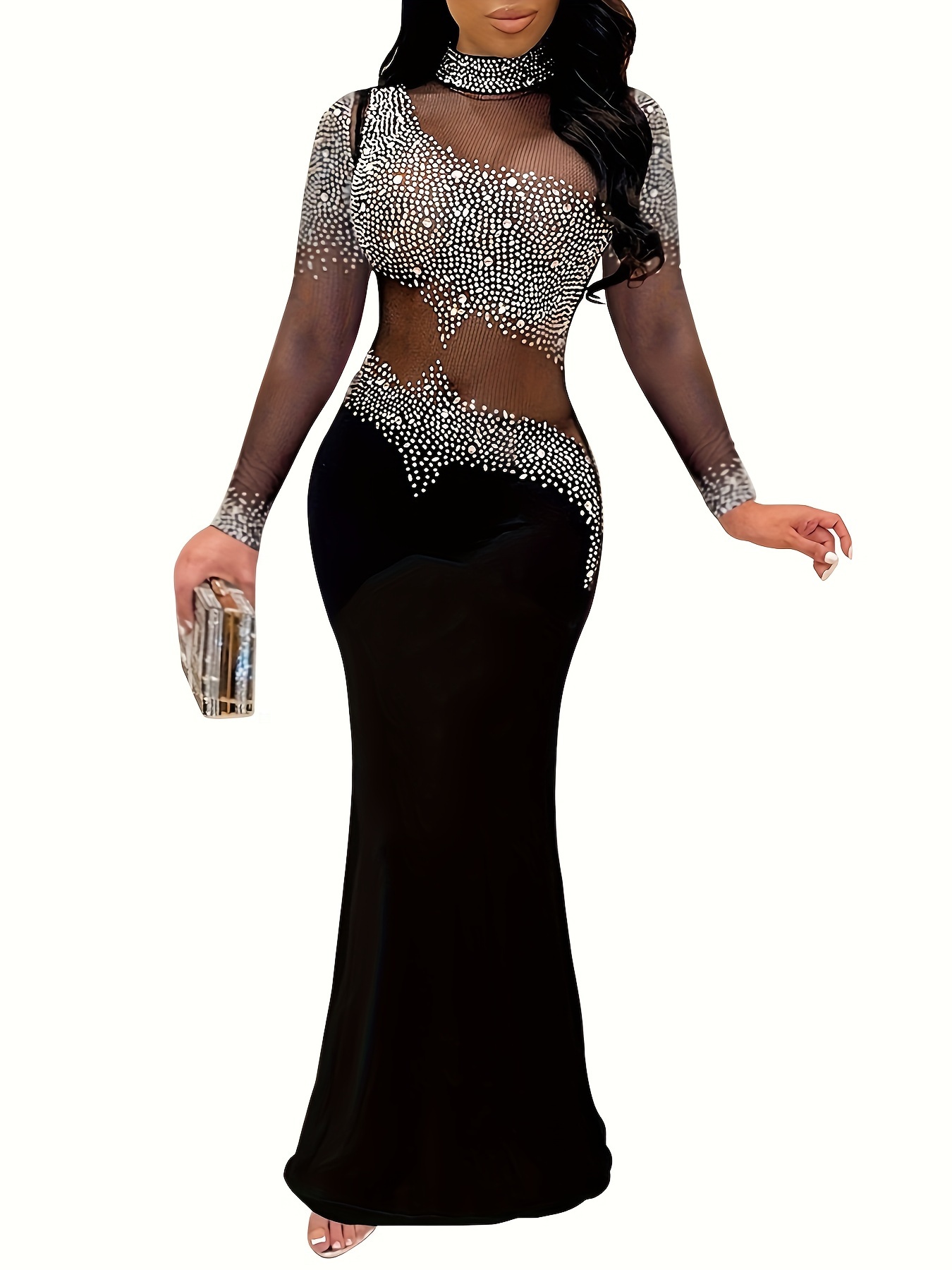 mesh stitching sequin cocktail dress elegant long sleeve slim fit floor length evening dress for party banquet womens clothing details 1