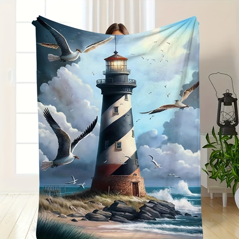 

Cozy Seagull & Lighthouse Flannel Throw Blanket - , Sofa, Bed, Office, Camping | | Hypoallergenic | Machine Washable