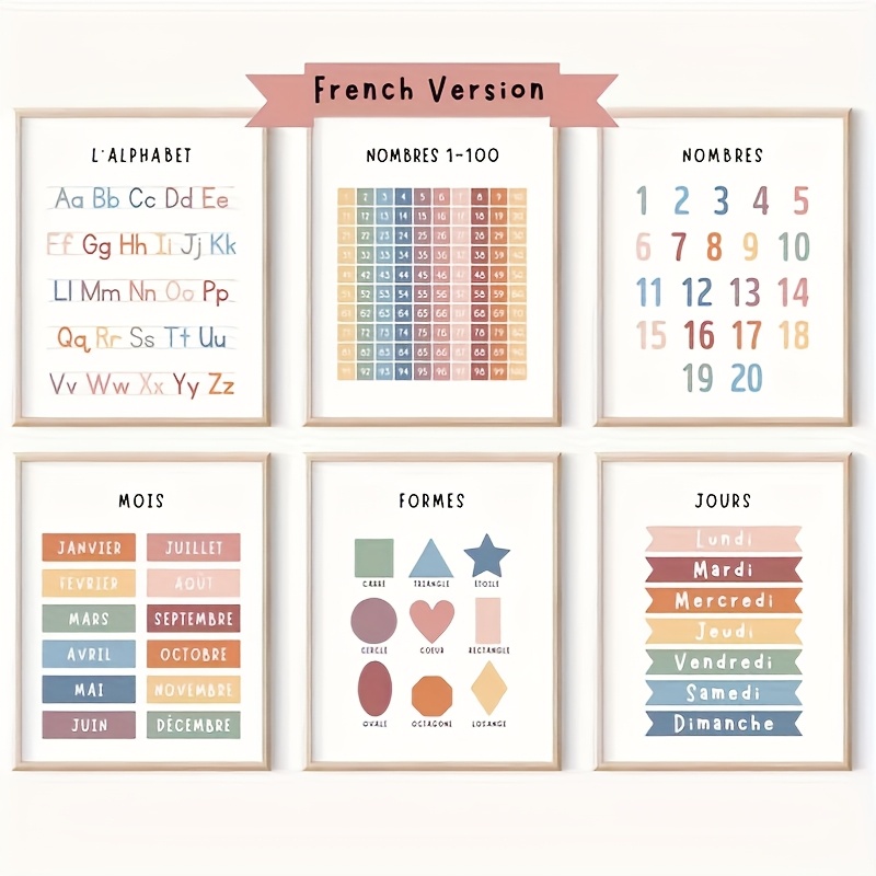 TEMU Ensemble de 6 sur toile plates 2D, cadre, présentant des matériaux éducatifs français, idéal pour décorer les de classe à domicile avec