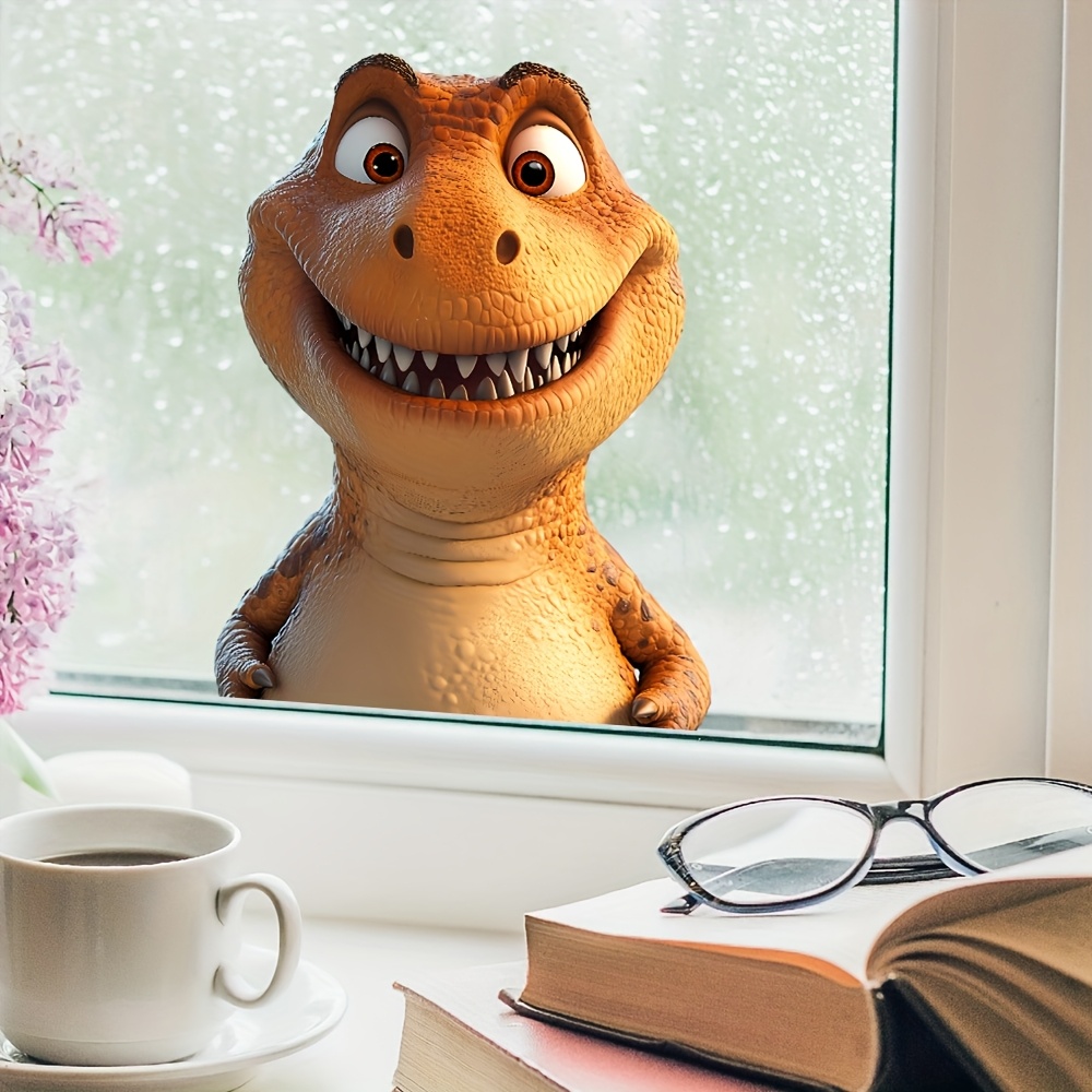Image of Cute Funny Yellow Dinosaur Window Stickers - High Quality, Dinosaur Design Window Stickers, Easy-to-apply & Remove, Dinosaur Decor For Living Room, Bedroom & Bathroom Window Decoration