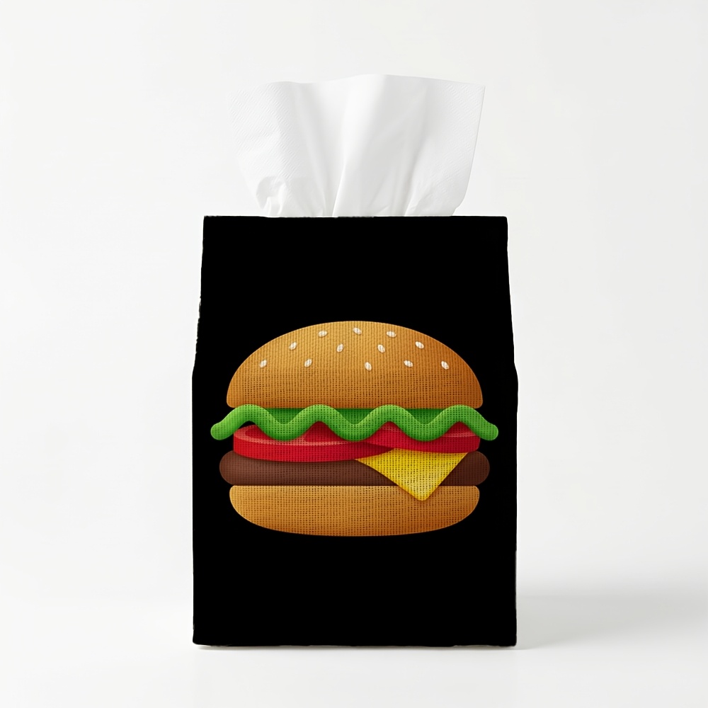 TEMU 1pc Pop Art Modern Cube Tissue Box Cover Hamburger Motif Black Fits Square/center-pull Tissues (.9"), Washable Fabric Dispenser For Kitchen &