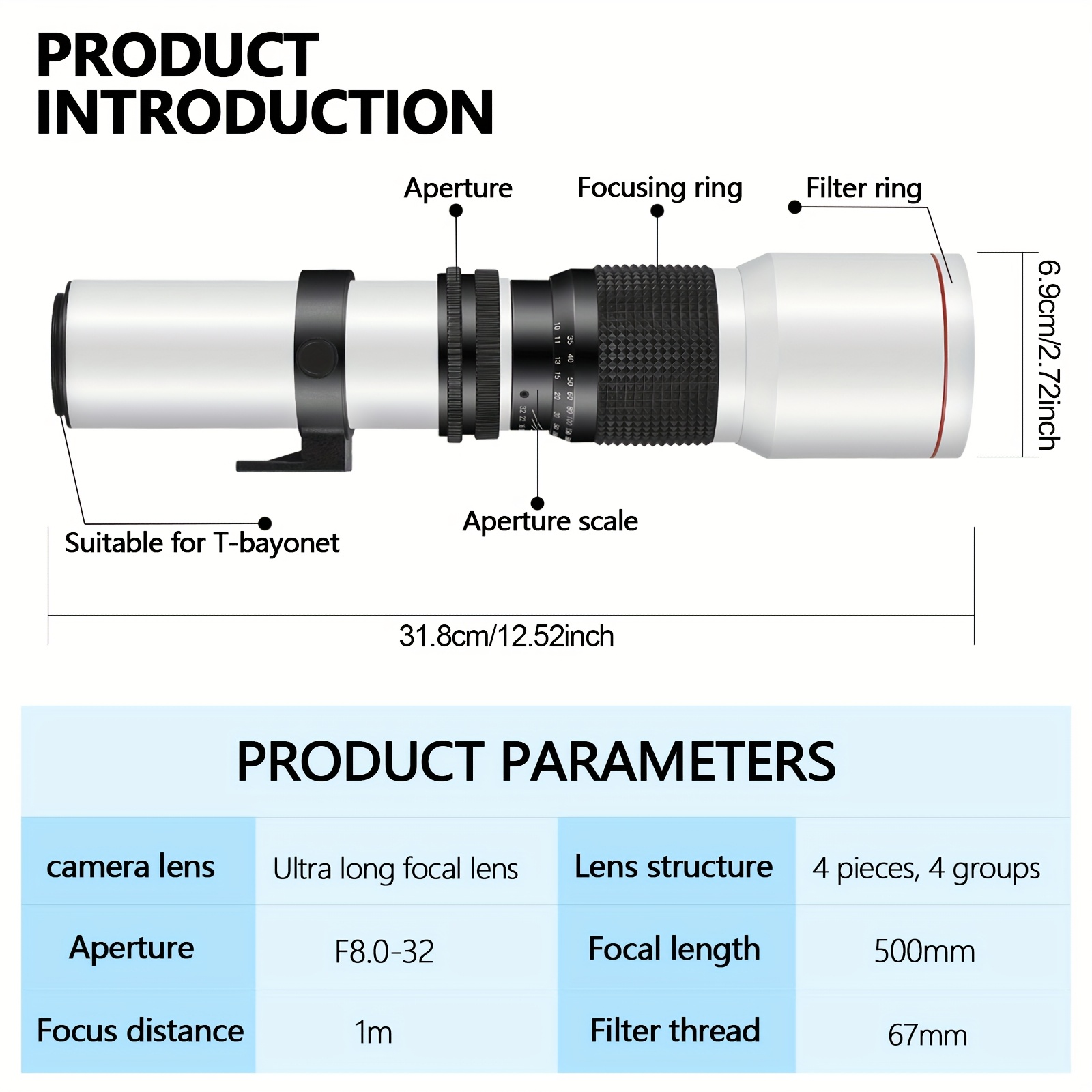 professional f/8 fixed telephoto lens extended optical zoom Temu