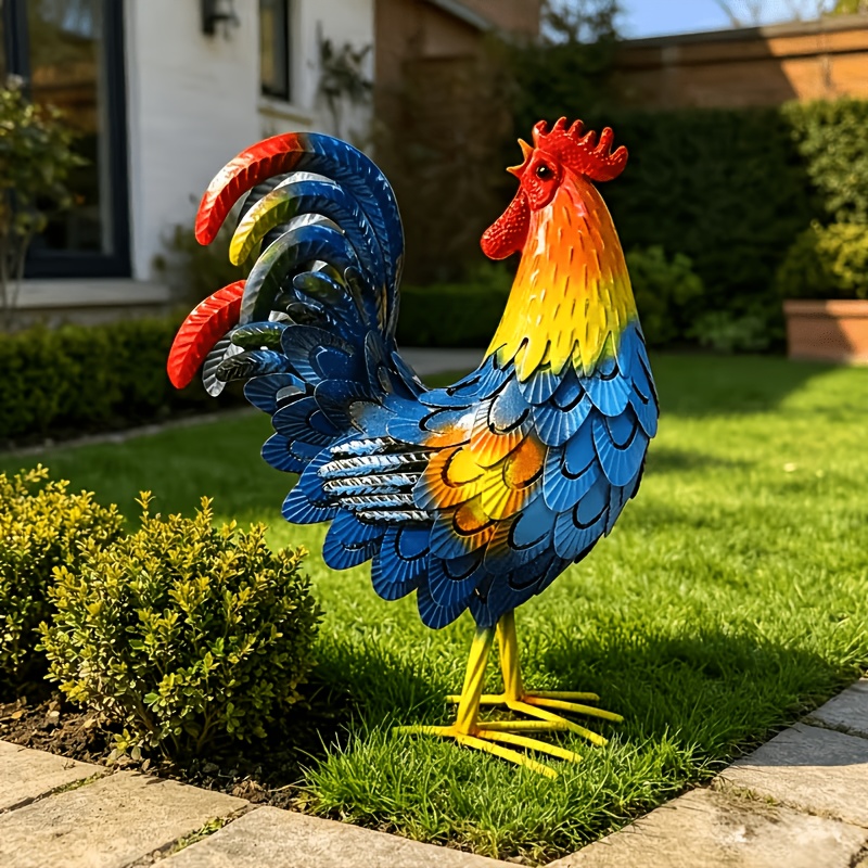 TEMU 3d Metal Rooster Garden Ornament, Hand-painted Turnback Rooster Sculpture, Rust-proof Outdoor Yard Art (ideal For Patios, Lawns & Farmhouses),