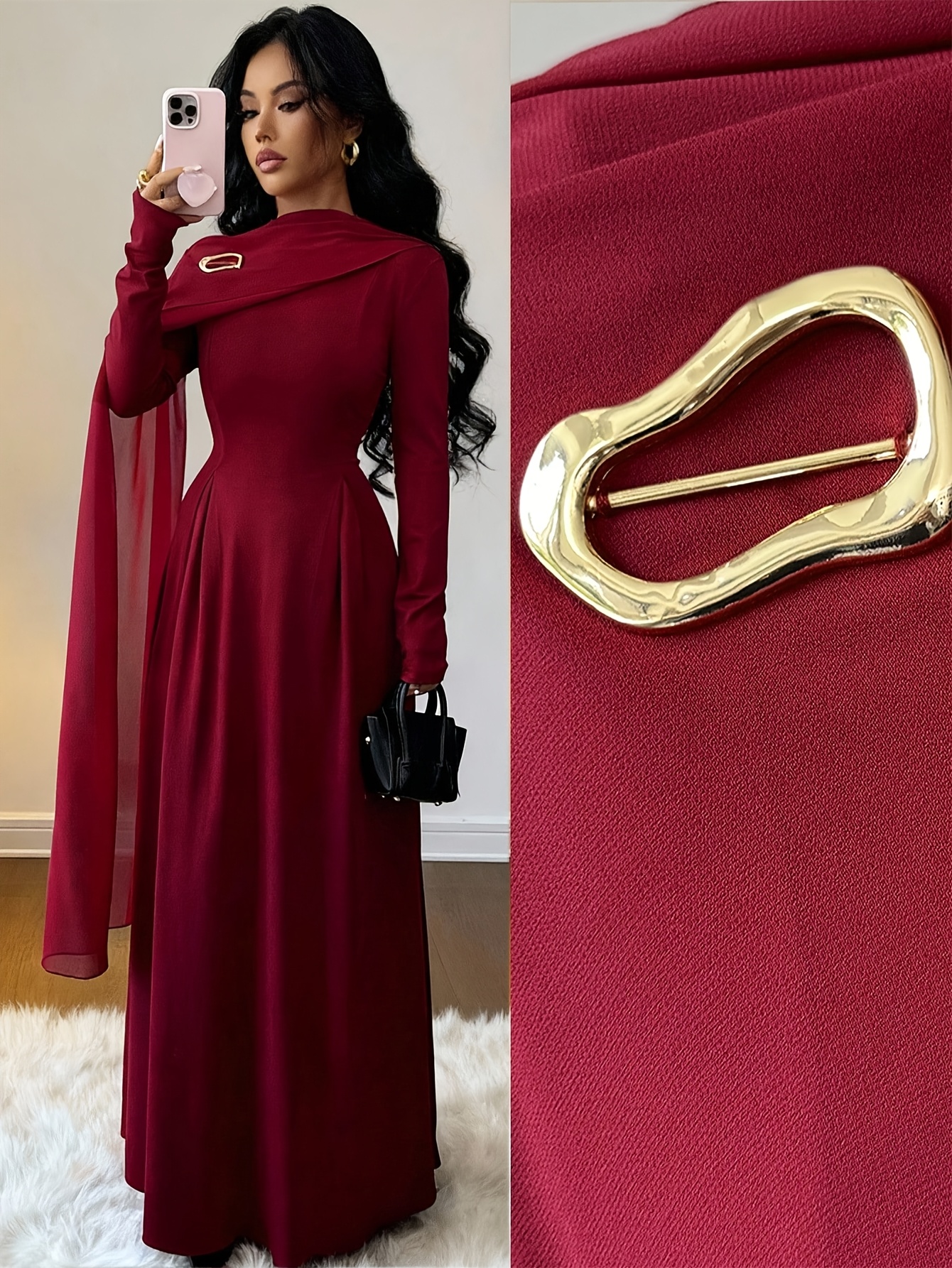 elegant long dress with mesh panel and stand collar solid color asymmetrical design   spring and autumn Product details 0