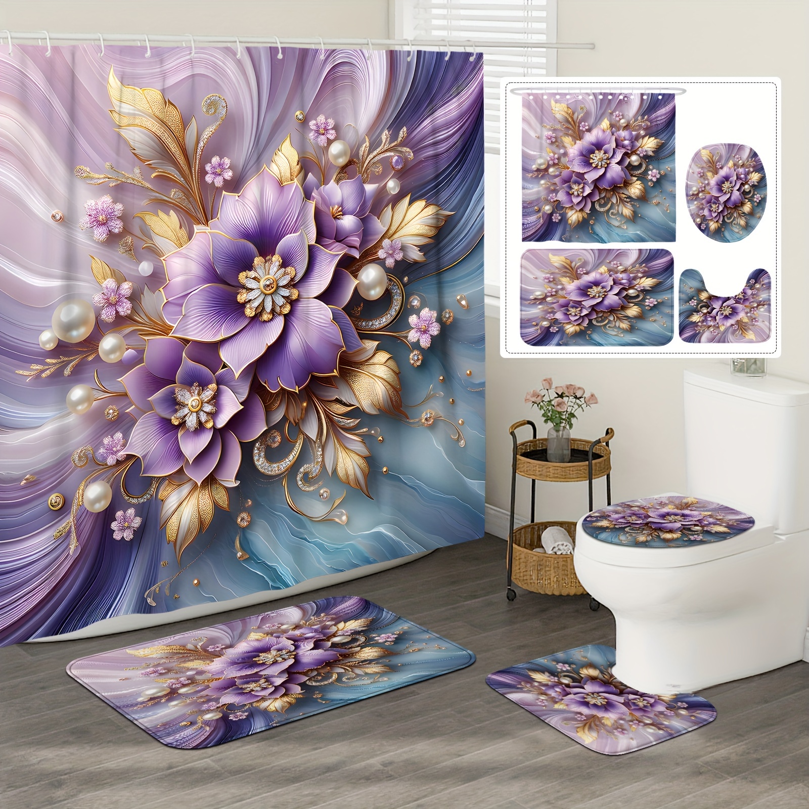 

Water-resistant Luxury Floral Shower Curtain Set With Non-slip Mats And Toilet Lid Cover, 3d Modern Polyester Bathroom Decor With Hooks, Machine Washable, Fashion Theme, All-season