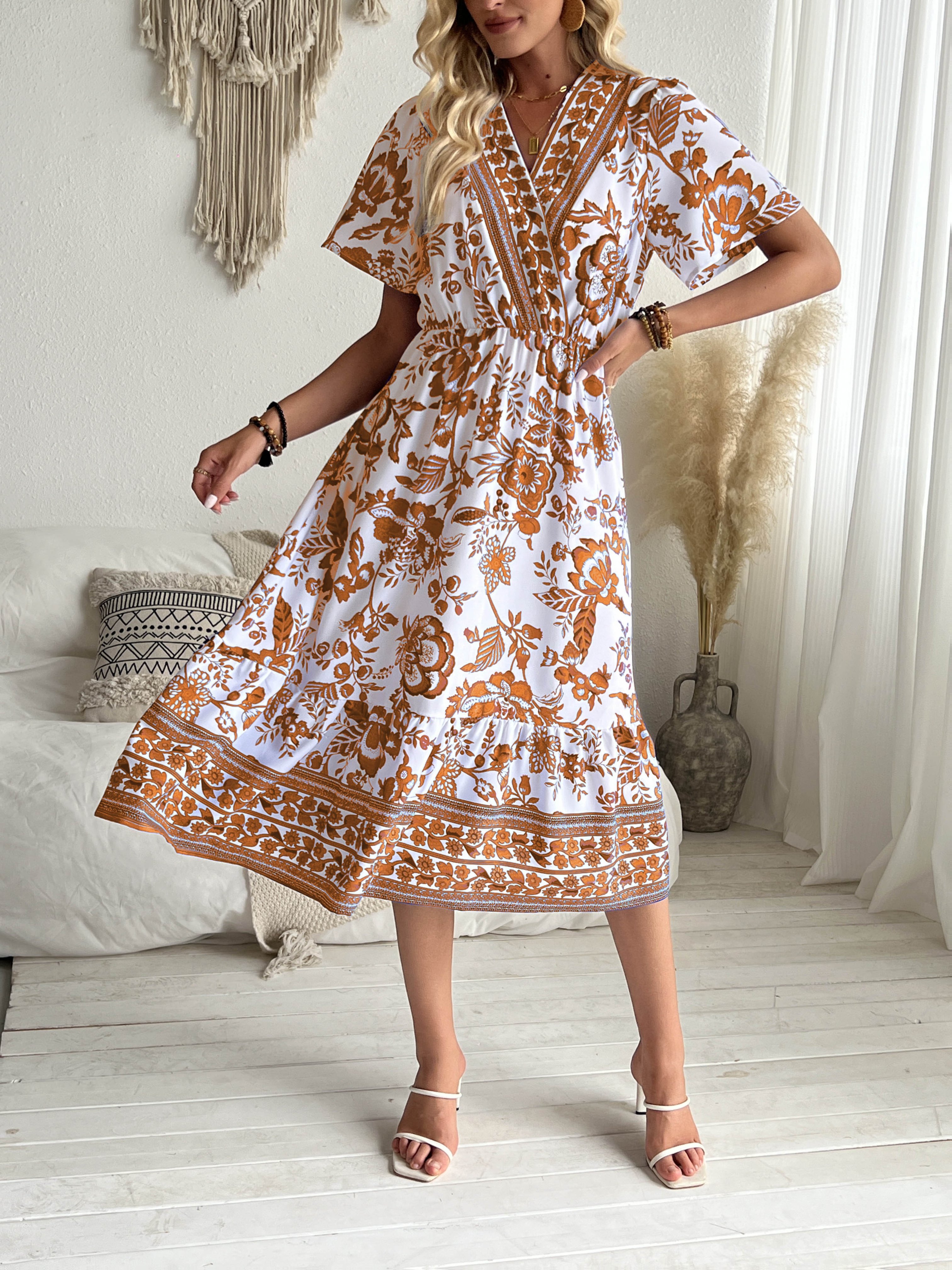 womens vintage bohemian v neck dress elastic waist - Temu