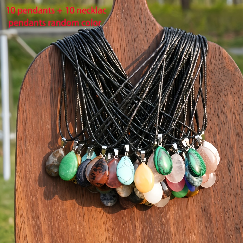 Image of Total 20pcs Set Water Drop Shape Pendant Natural Stone Mixed Crystal Pendant, With Black Leather Necklace, Random Color Bohemian Natural Stone Mixed Crystal Teardrop Pendant Necklace Set