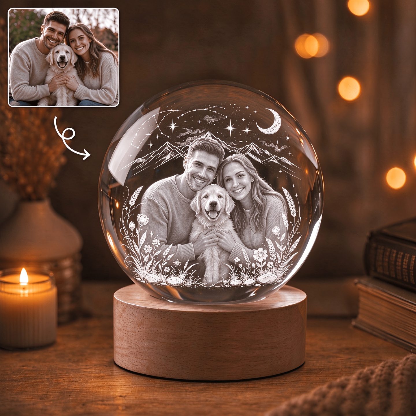 TEMU Personalized Custom Decorative Crystal Ball Ornament, Starry Sky Floral Atmosphere, Custom Anniversary Photo Engraving Inside K9 Crystal Sphere,