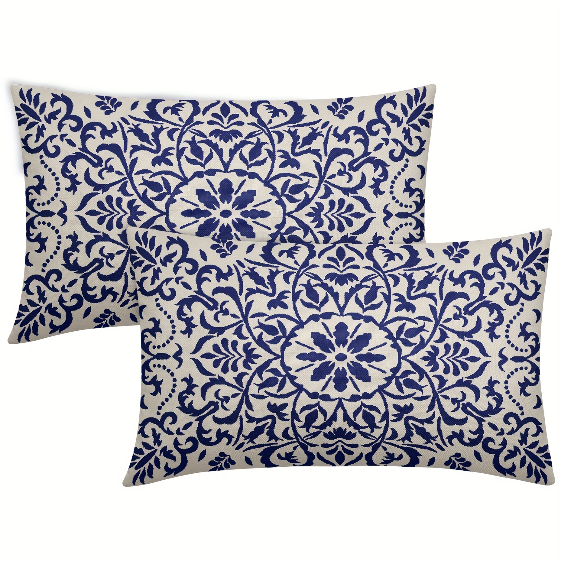 

2pcs Chic Navy Blue & Floral Pillow Covers - Vintage Bohemian Style, Hypoallergenic Short Plush, Zippered 12x20 Inch Cushion Cases For Sofa & Bed Decor, Machine Washable, No Insert, Decorative Pillows