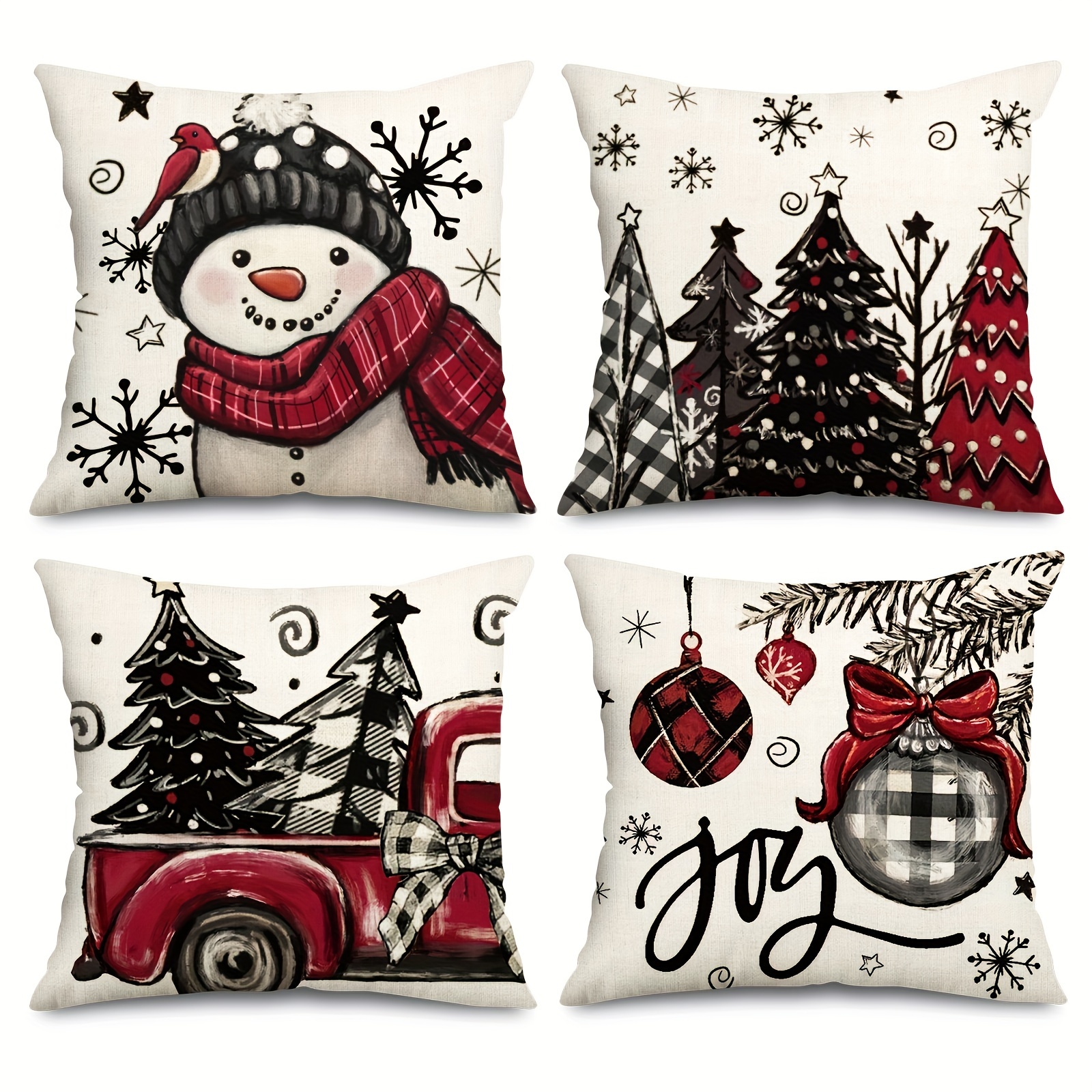 

4- Christmas 18x18 , - Washable , , Snowman, Truck, For And Decor - 100% Pillowcases