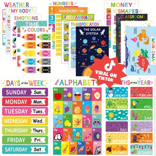 18pcs educational posters for classroom kindergarten kindergarten classroom must haves laminated learning chart materials us world map abc alphabet shapes