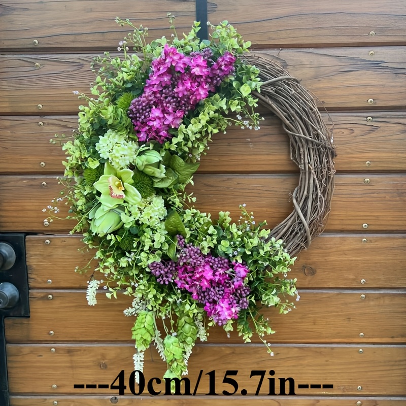 Hängender lila Blumen- & Grünkranz, Weinreben-Grundlage, Haustürdeko für Frühling & Sommer