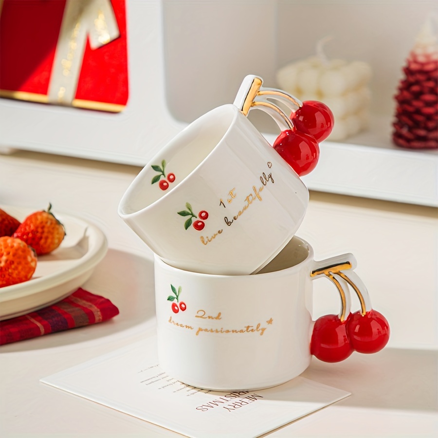 1pc, Cute Cherry Ceramic Mug, High Aesthetic Design, Reusable Home  Kitchenware * Cup, Dishwasher Safe, Ceramic Material