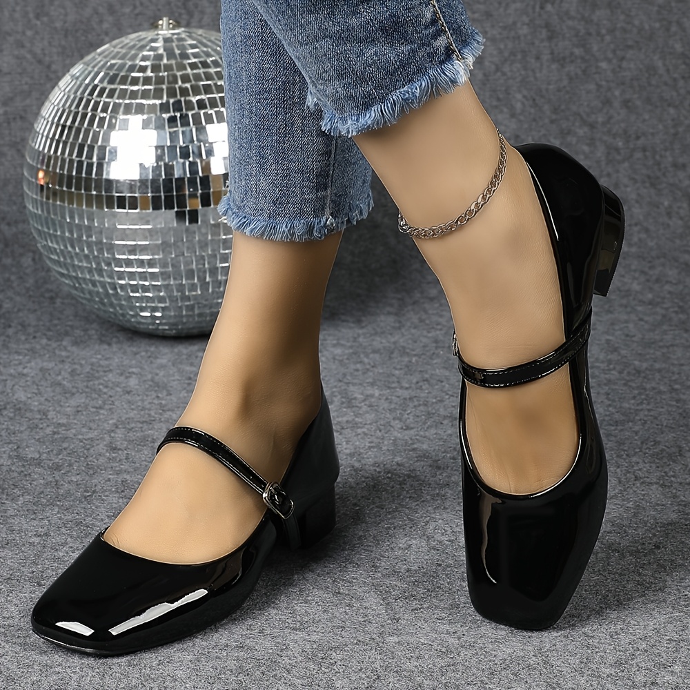 womens black chunky heel pumps elegant square toe slip on shoes with ankle strap comfortable   cover for   versatile low heel design for casual or office wear