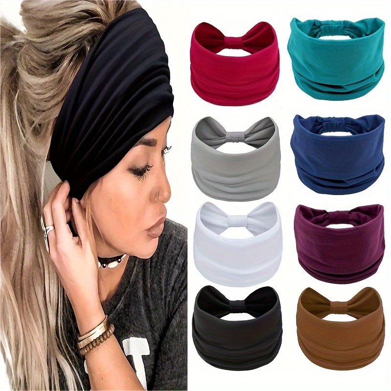 

8-pack Soft Stretchy Solid Color Women's Wide Headbands - Non-slip, Sweat-wicking, Band For Sports, Dance, Yoga, Fitness - Knitted Elastane Hairbands For Normal Hair