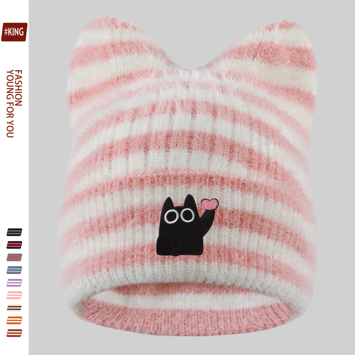 TEMU 1pc Heart- Big- Black Cat Thick Plush Cat Ear Hat, Urban Cartoon , Fluffy Brimless Hat For Men, Women, And Teens, Outdoor Trendy Skateboard Hat,