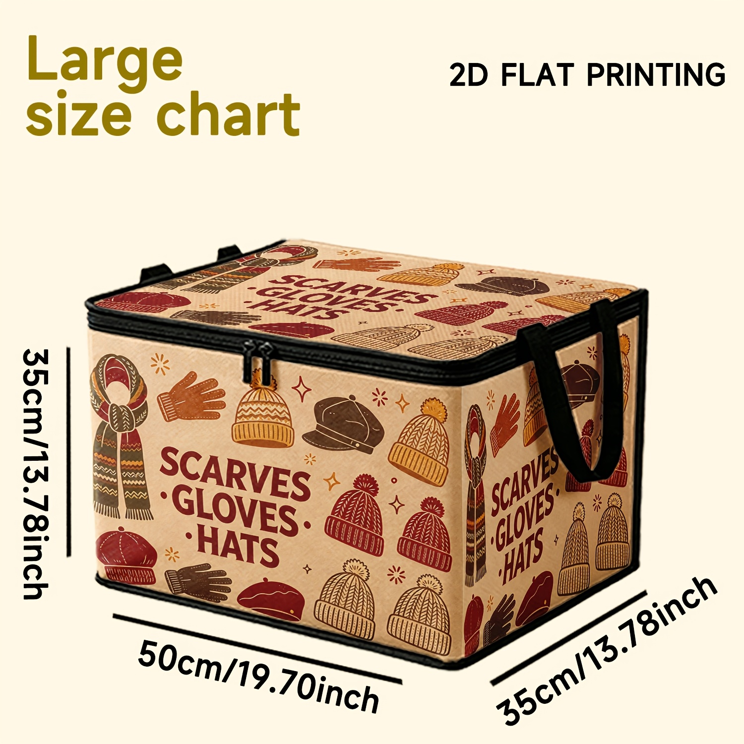 TEMU 1pc Retro Style Scarf Hat Glove Warm Tone Print, Soft Fabric Large Capacity Storage Bin, Handle Organizer For Dressing Room, Office, Bedroom,