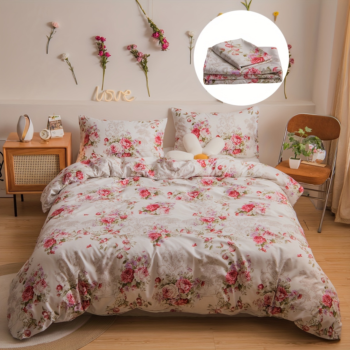 

3-piece Duvet Cover Set With 2 Pillowcases, 90g Microfiber Fabric, Floral Print, Machine Washable, 10 Sizes Available, Bedding Set With A Garden Fresh Design