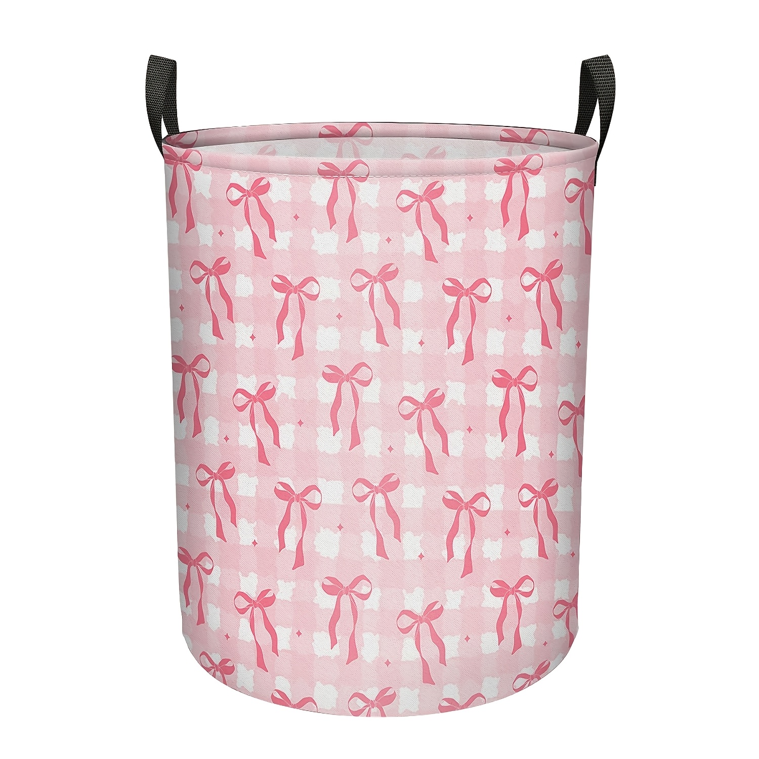 TEMU 1pc Large Pink Checkered Bow Laundry Basket - Retro Bow- Checkered Hamper, Canvas Storage Organizer Suitable For Women' Room,, Dorm, - Stylish
