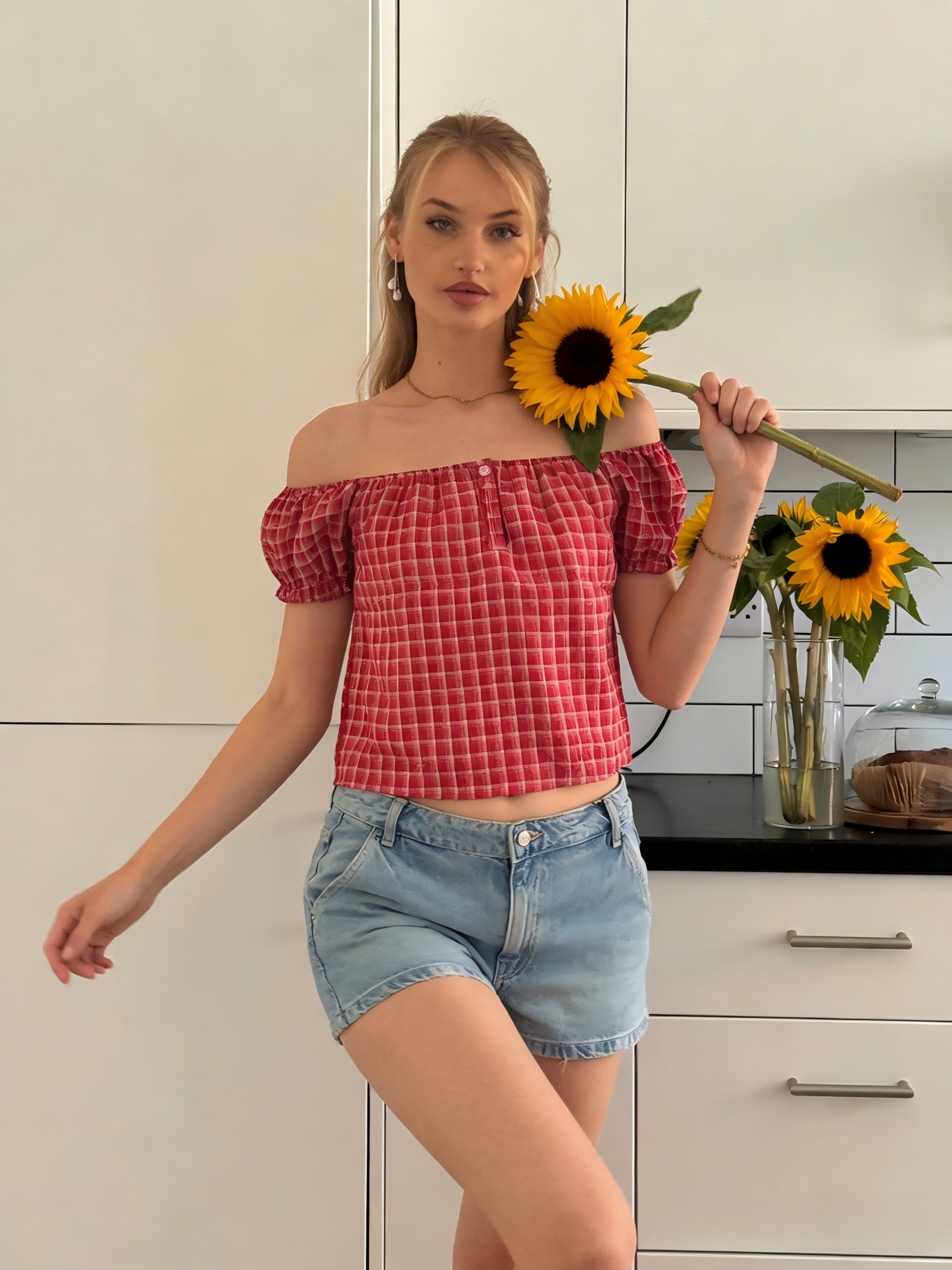 red and white checkered off shoulder top with short puff sleeves     and casual summer outfit details 3