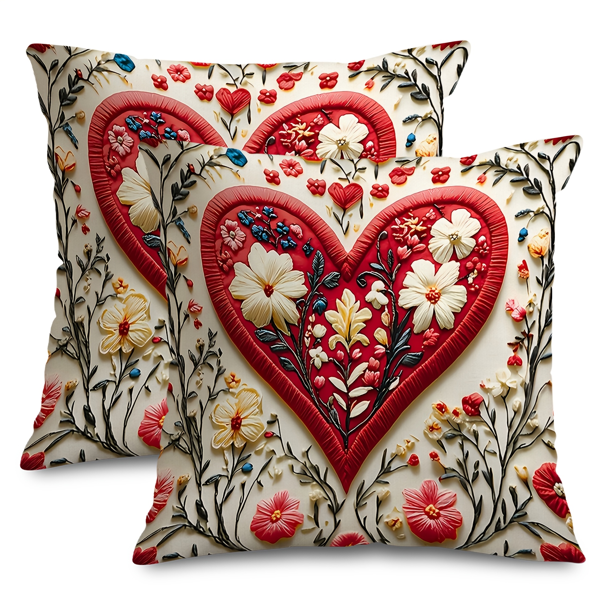 

2pcs Valentine's Day Heart-shaped Floral Pattern Covers, Single-sided Printing, Zip Closure, Polyester - Sizes 16x16, 18x18, 20x20 Inches For Living Room, Sofa, Bedroom Decor