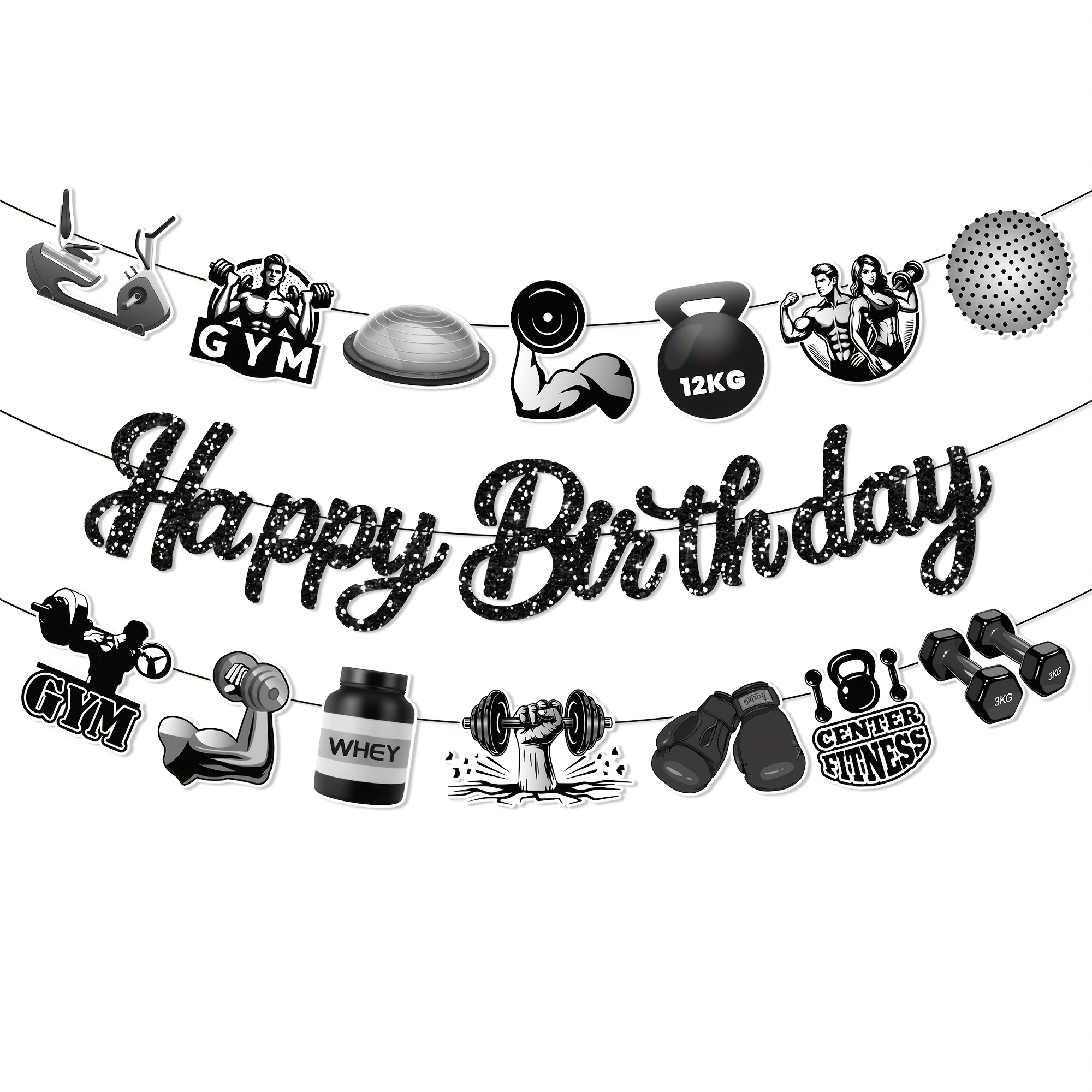 19pcs Cards Gym Party Banners 3pcs Black Birthday Party Banners Weight Lifting Party Decorations