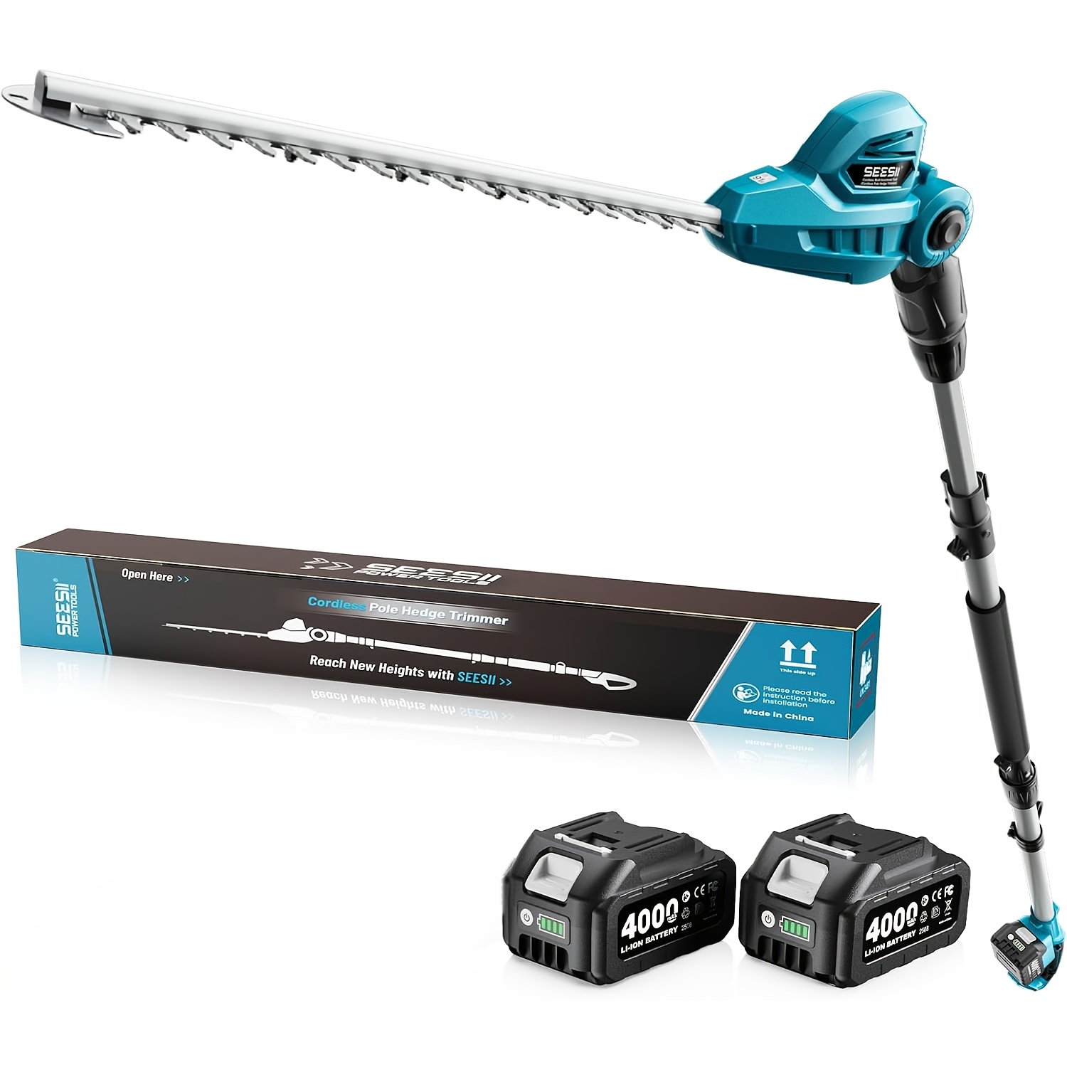 Image of Seesii Telescopic Battery Hedge Trimmer 20 Inches, Lightweight 3.9 Kg For Women And Older, 4.4 M, 600w Motor With 2 X 4000ah Batteries, 135° Rotating Head, Electric Hedge Trimmer Height