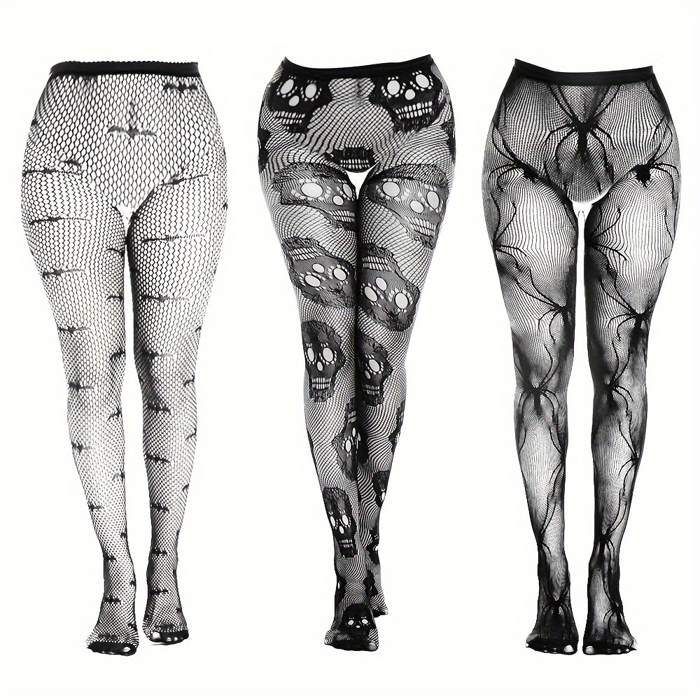 

1pc/3pcs Women's Halloween Leggings, Plus Size Spider Skull Bat Pattern, Pantyhose,