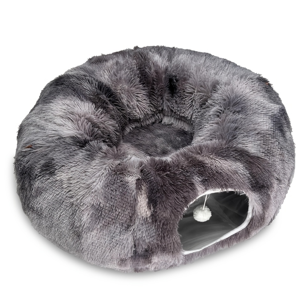 TEMU Plush -one Cat Tunnel Bed, Winter Warm Donut Cat Bed, Closed Hide-and-seek Cat Hole Toy, Anxiety, Deep Bed With Hanging Hairballs, Suitable For