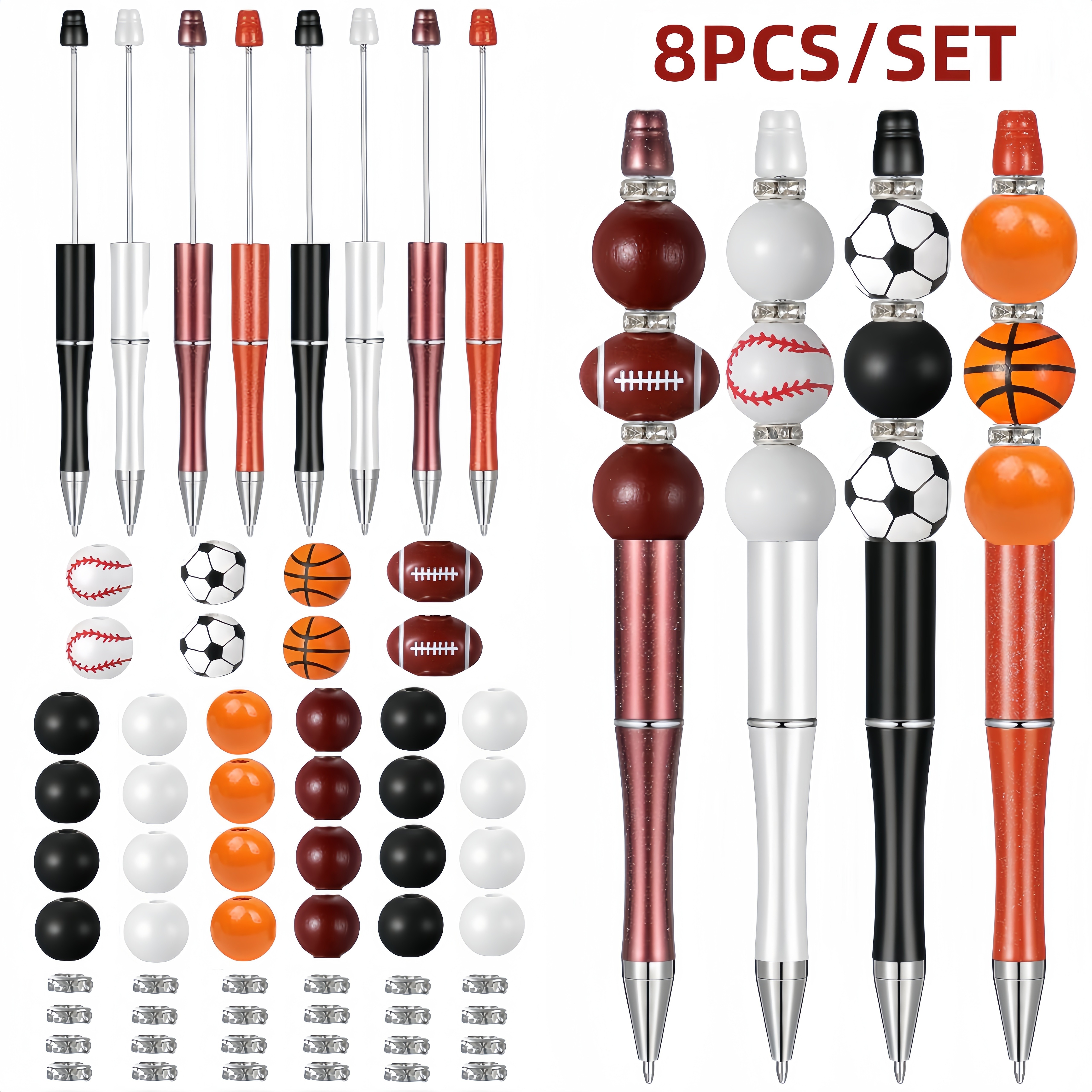 TEMU Ensemble de 8 stylos à perles de ballon de sport, comprenant 8 stylos à perles et diverses perles de ballons de football, de ballons de