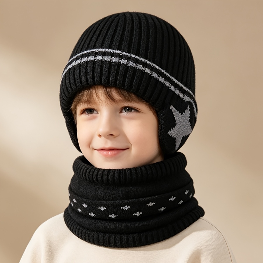 Image of 2pcs Set Of Hats, Winter Thick Warm Ear-warming Hats For Boys, Scarf Set, Pullover Hat, Suitable For Daily , Suitable For Children Aged 3-6 Years