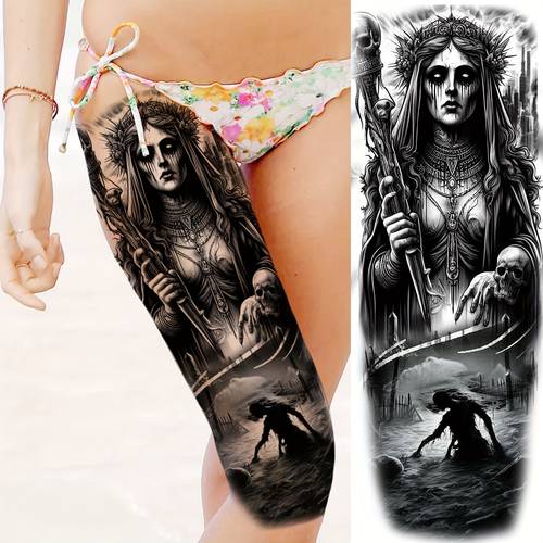 1pc full arm gothic halloween temporary tattoo sticker with skull vampire demon and death theme waterproof and long lasting for women men adults thighs forearms and legs