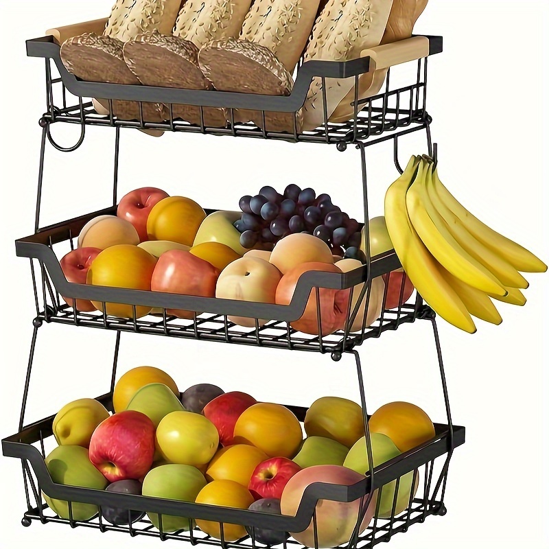 TEMU Miorkly 3 Tier Countertop Fruit Basket With 2 Banana Hooks For Kitchen, Removable Metal Storage Bag For Bread Vegetables And Fruits With Wooden