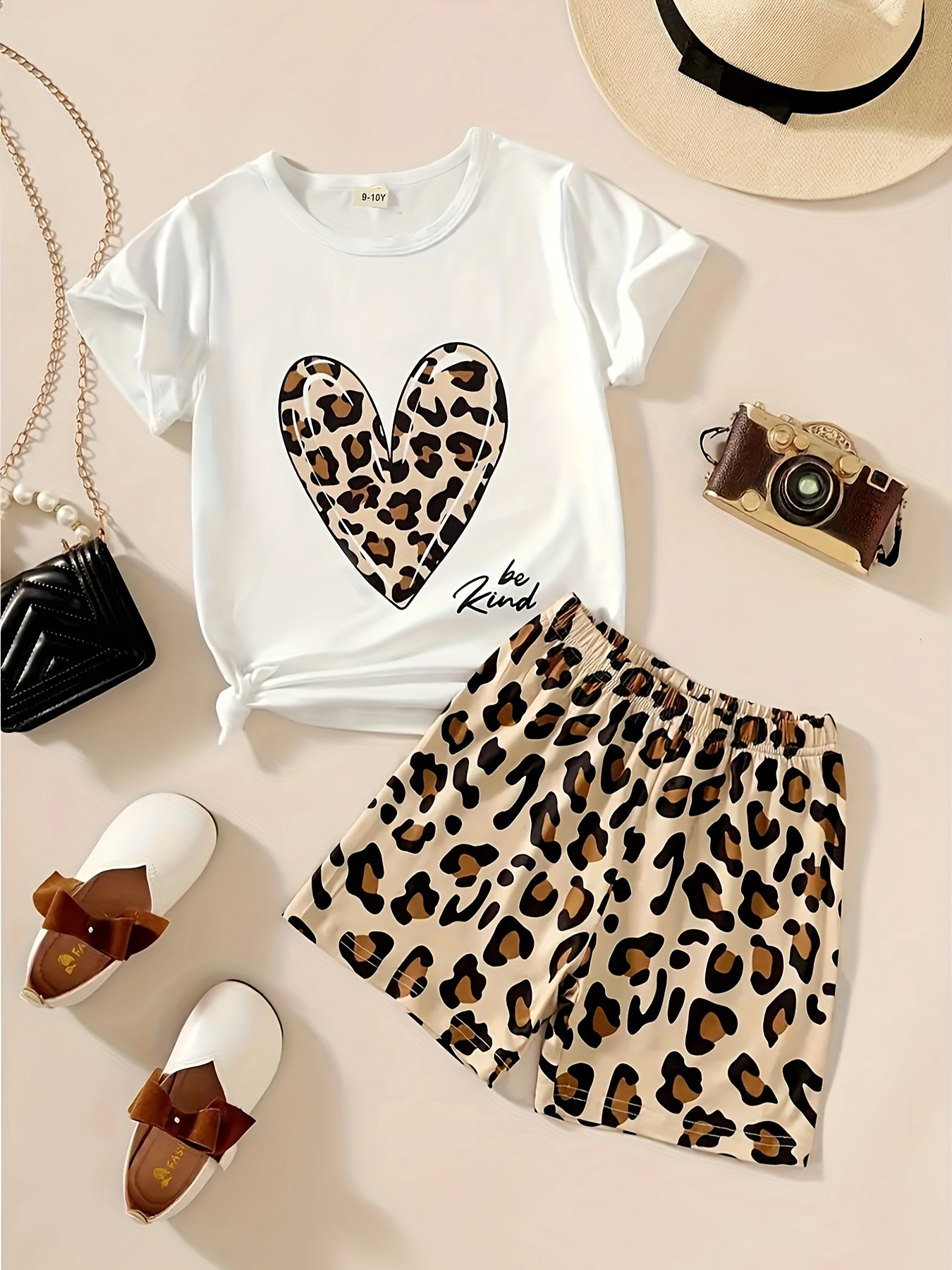 2pcs Baby Girl 95% Cotton Short-sleeve Leopard Colorblock T-shirt and Shorts Set