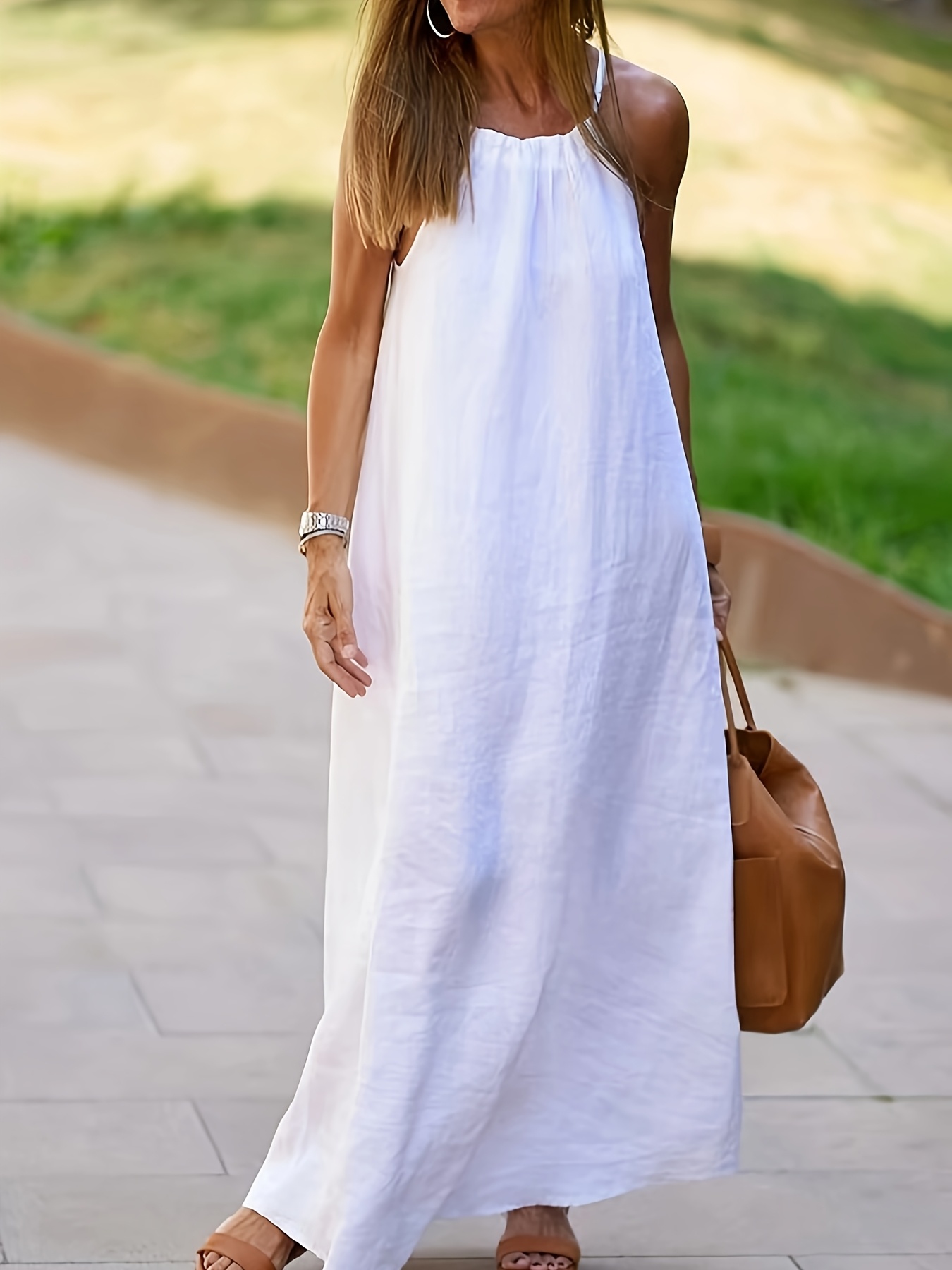 womens casual white halter neck sleeveless maxi dress side - Temu