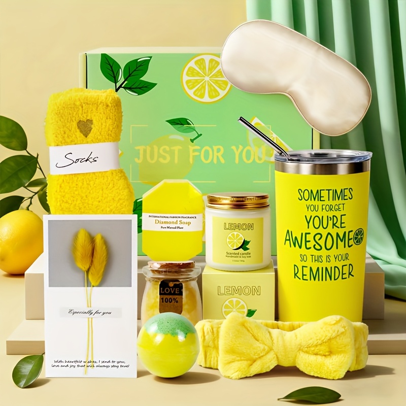 TEMU 9pcs Lemon Scented Women' Gift Set: Tumbler, Lemon Candle, Fuzzy Socks, Eye Mask, Bow Headband, Bath , Diamond Soap And Dried Flower Card. Ideal