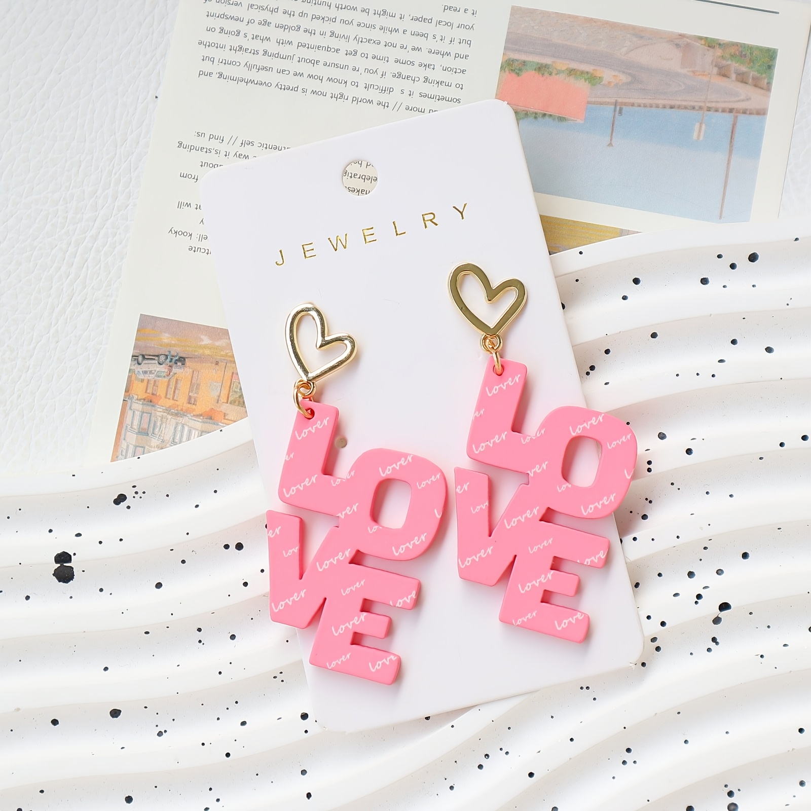 

Pair Of Elegant Pink 'love' Dangle Earrings With Heart-shaped - Acrylic, Stainless Steel Posts, Ideal For Valentine's Day & Gifts, Cute & Accessory, Cute Earrings