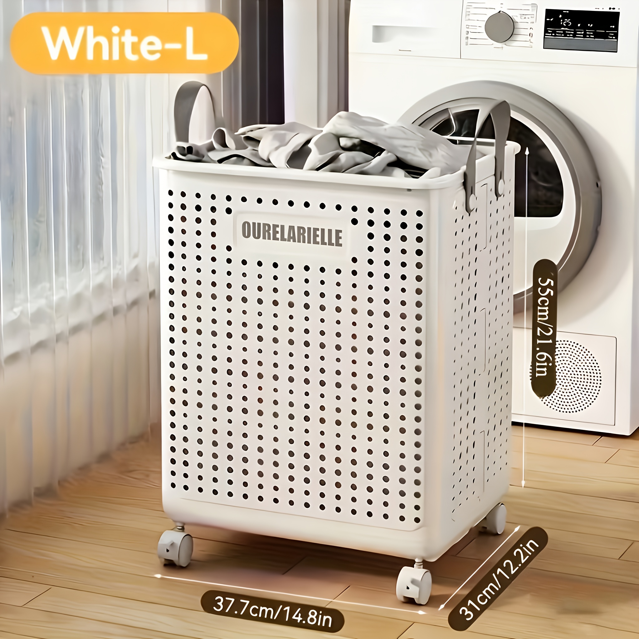 TEMU Large Foldable Wheeled Laundry Basket, Faux Leather Solid Color, Versatile Folding Portable For Bathroom And Balcony Storage, 15.8/205gaa,